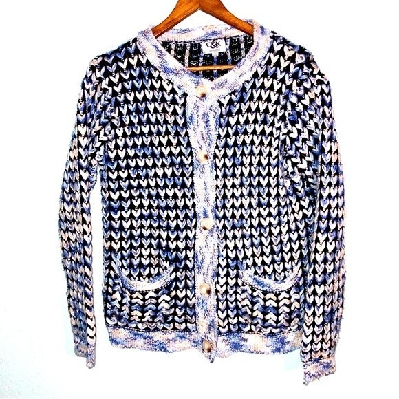 C&K Designs Beautiful Vintage Large Knit Blue Cream Sweater Jacket Size XL - Picture 1 of 5